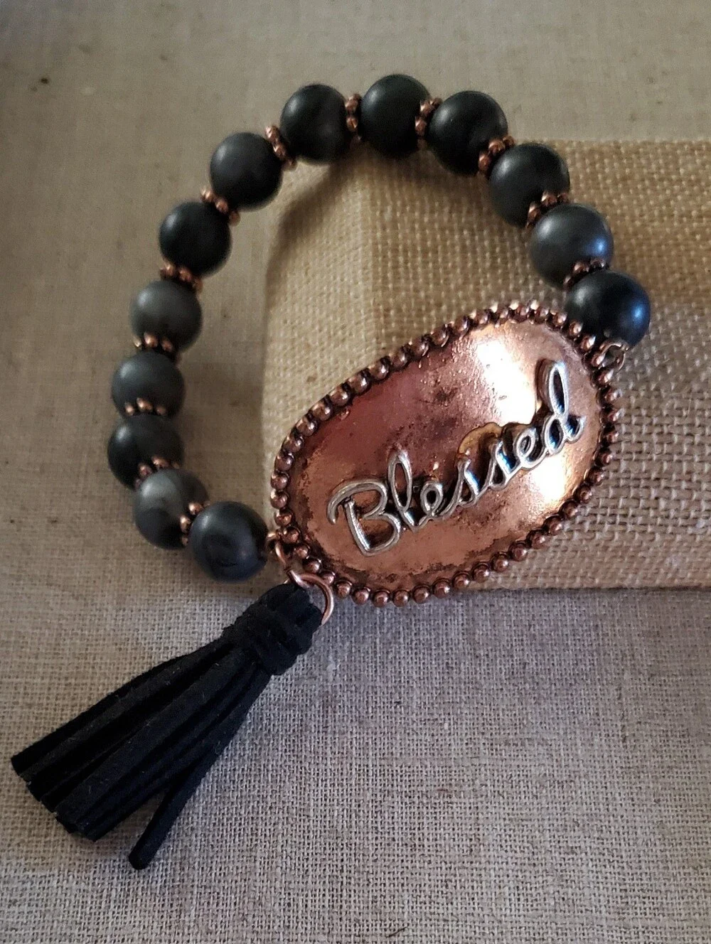 Blessed Black Beaded Stretch Bracelet Copper Tone Tassel Boho OS Boutique New